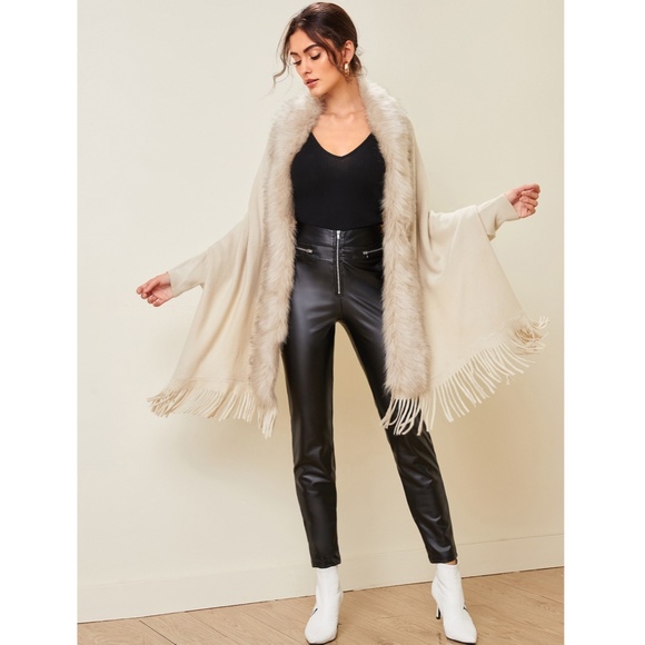 Fur and Fringe Detail Open Beige Cardigan - Picture 3 of 11